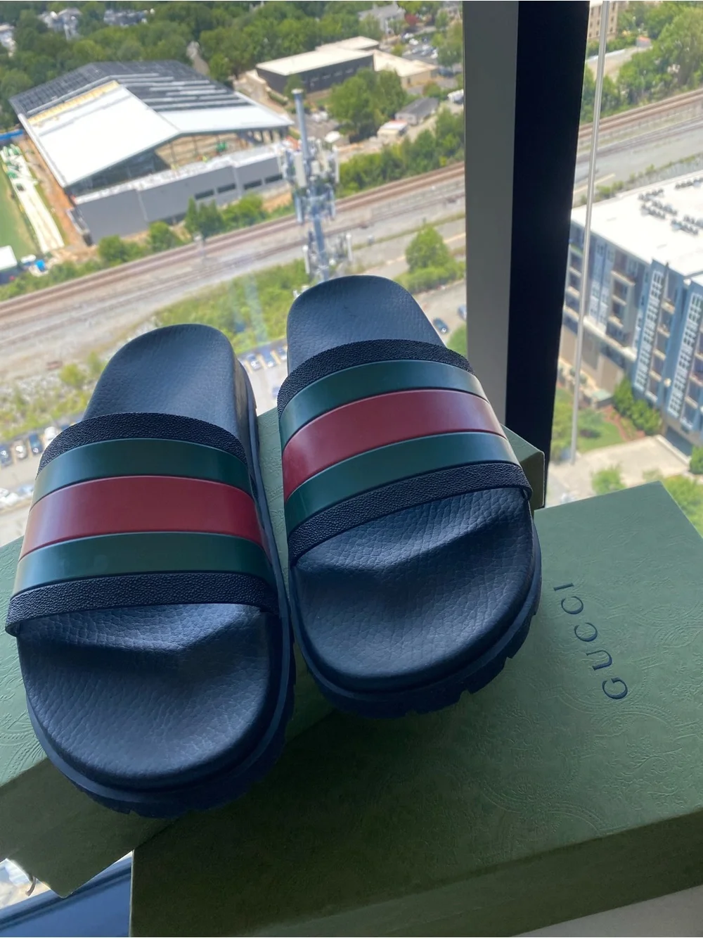 Black Slide Sandals with Green and Red Stripes